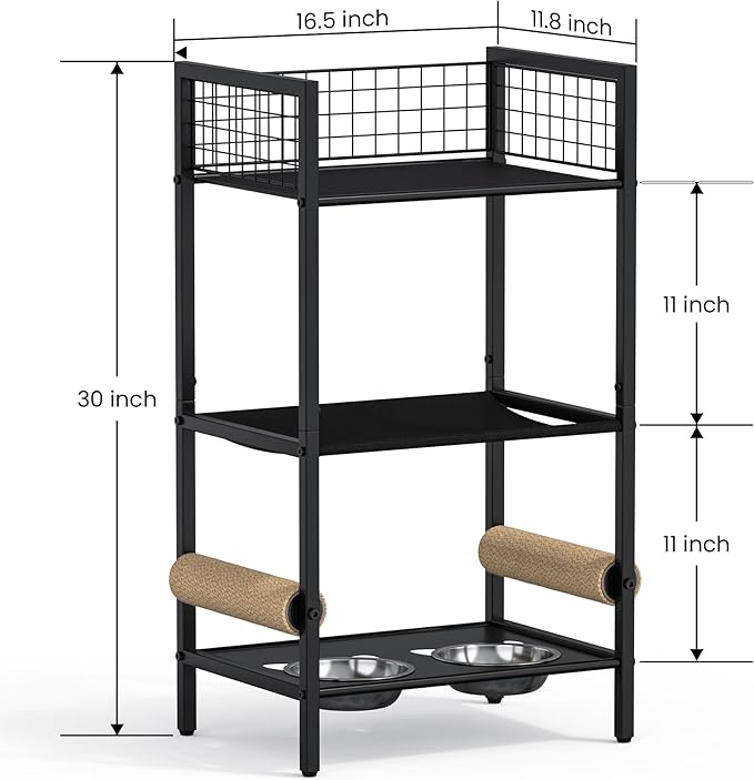 4in1 Cat Furniture Stand with Cat Scratching Post, Cat Food Bowls, Cats Bed Platform, Cats Food Storage Organizer, All in One Pet Furniture for Small Space (Black)