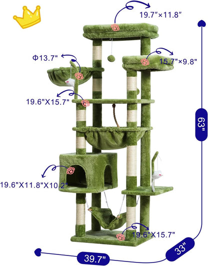 Cat Tree, Cat Tower for Large Cats with 2 Big Platforms, 2 Baskets, condo and Toys, 63" Cat Scratching Posts for Indoor Cats, Green GCT020GR