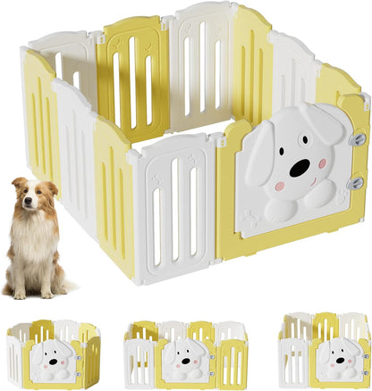 Foldable Dog Play Pen Indoors, Non-Slip Sturdy Puppy Playpen with Door, 25.5" H 10-Panel Adjustable Shape Dog Fence Pen for Small/Medium Dogs, Thickened, Easy to Store, White+Yellow