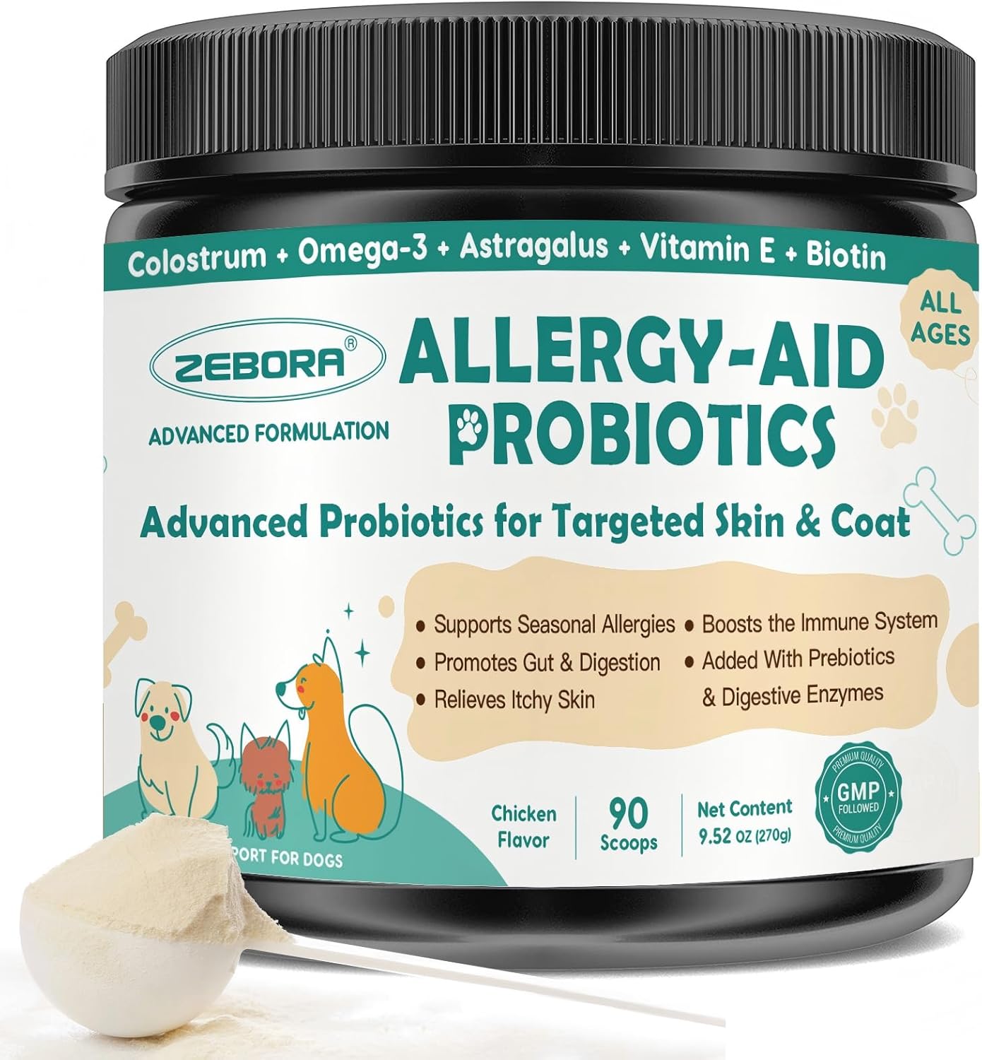 ZEBORA Probiotics for Dogs, with Colostrum, Omega-3, Dog Allergy Relief & Itching Skin Relief, Support Itchy Ears, Seasonal Allergies, Digestive, Immune Health, 90 Scoops, Chicken Flavor