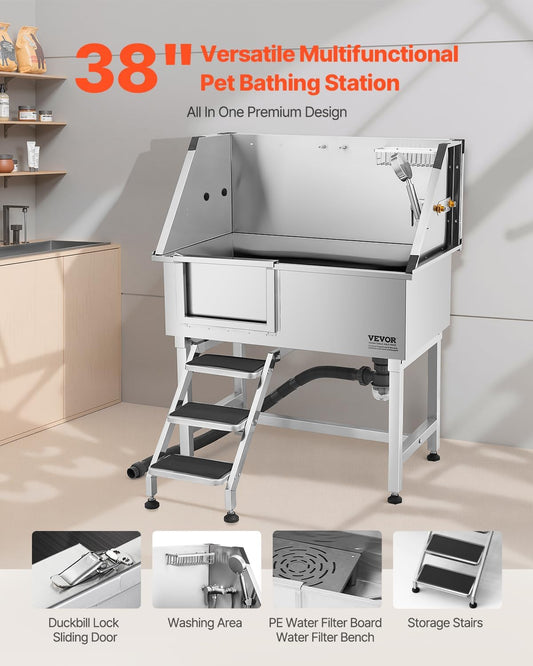 VEVOR Stainless Steel Dog Washing Station, 38 inch Pet Grooming Tub w/Storage Stairs, Faucet & Showerhead & Soap Holder Dog Bathtub for Medium & Small Pets (Left Door)