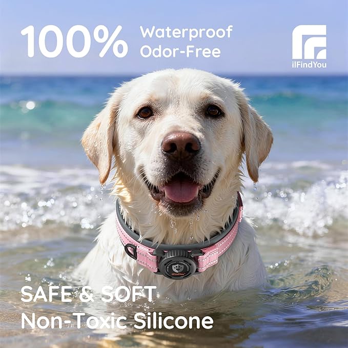 Upgraded AirTag Dog Collar with Holder, Waterproof Reflective Air Tag Dog Collar with Widened Comfortable Padding & Ultra-Durable Metal Buckle, Adjustable for Medium (Pink, Small)