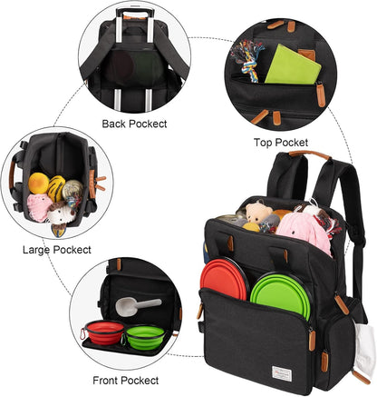 Modoker Dog Travel Bag, Airline Approved Backpack for Pet Accessories Organizer, Tote Weekend Bag with 2 Dog Food Storage Containers, 2 Collapsible Bowls, 1 Pet Mat, Black
