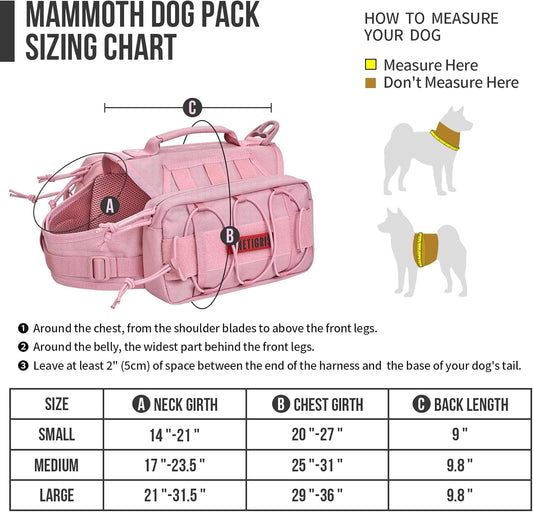ONETIGRIS Dog Backpack for Medium & Large Dogs, Mammoth Nylon Dog Pack Tactical Backpack Harness with Side Pockets for Hiking Walking Training Running (Pink, Large)