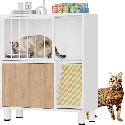 Dog Proof Cat Feeding Station, Metal Cat Feeding Station with Scratching Board, Raised Bowls for Indoor Cats, Elevated Food Bowls with Stand, Pet House Furniture (Metal White)