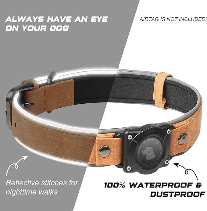 Leather AirTag Dog Collar, Waterproof Dog Collar with Air Tag Holder, Compatible with Apple Air Tag, Reflective, Durable, Comfortable Padded GPS Dogs Collars (Light Brown, M)