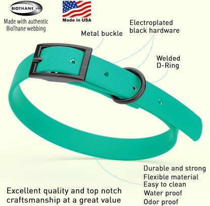 Dogline Biothane Waterproof Dog Collar Strong Coated Nylon Webbing with Black Hardware Odor- Proof for Easy Care Easy to Clean High Performance Fits Small Medium or Large Dogs, Teal
