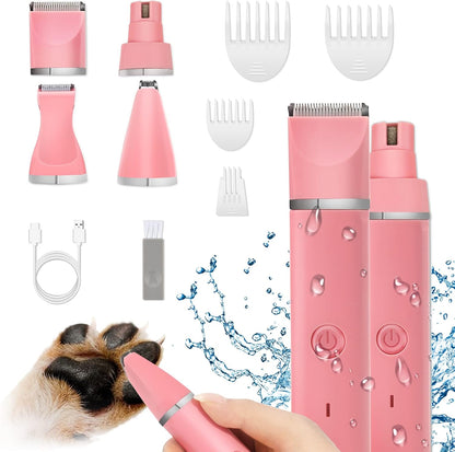 Dog Grooming Clippers Kit-Electric Rechargeable Cat Trimmer Tools-Cordless Quiet Pet Nail Paw Grinder-4 in 1 Multifunctional Low Noise Shaver-Razor for feet Face Ears Toenail Eye（Pink）