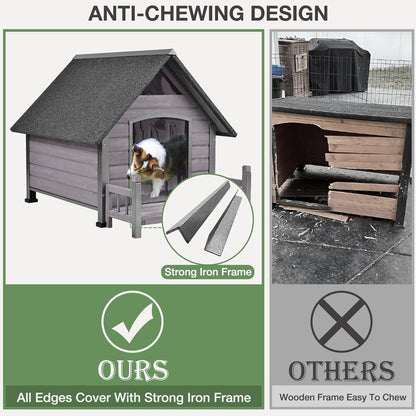 Large Dog House Outdoor Indoor All-Around Iron Frame Design Dog House with Porch＆Raised Feet for Small Medium Large Dogs（Grey）