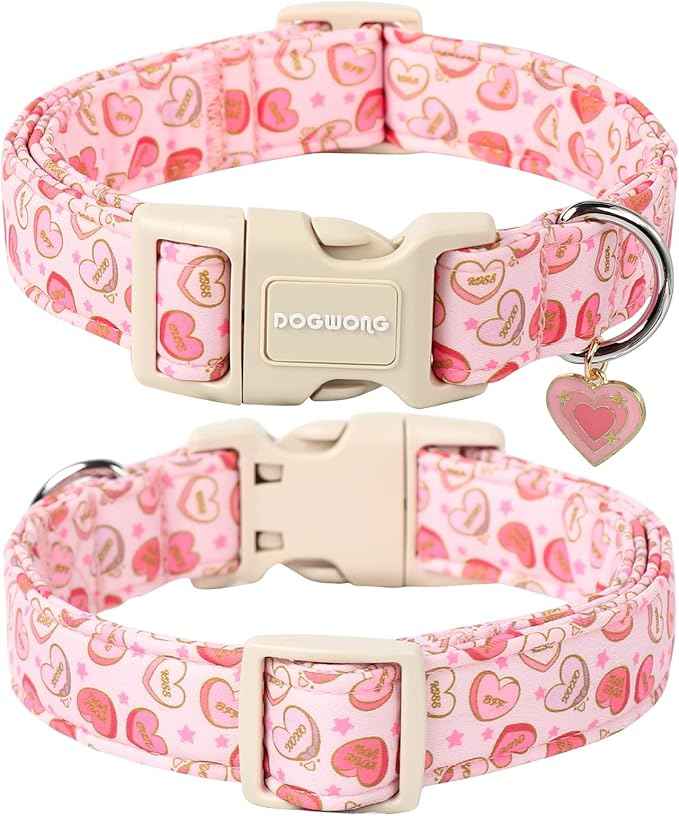 DOGWONG Pink Heart Dog Collar, XL (1.2" W x 16-26" L), Soft & Comfortable, Valentine's Day Special, for Small, Medium, Large Dogs