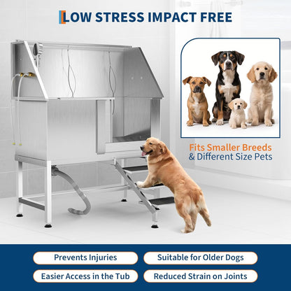 50" Stainless Steel Professional Dog Washing Station - Pet Bathing Tub w/Non-Slip Stairs | Slip-Resistant Floor Grate | for Large/Medium/Small Dogs