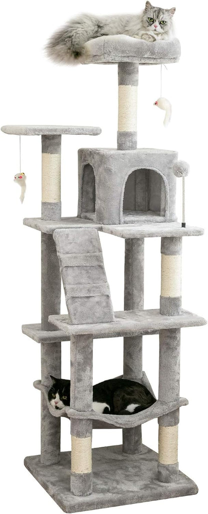 MWPO 63.8 inches Multi-Level Cat Tree for Large Cats with Sisal-Covered Scratching Posts, Padded Platform, Hammock and Condo,Stable Cat Tower Cat Condo Pet Play House-Light Gray
