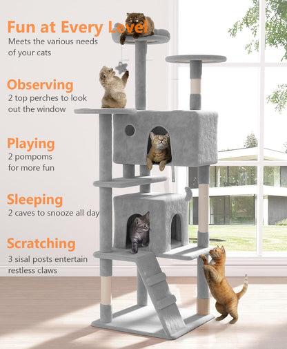 70'' Cat tree Tower for Indoor Cats Large Adult,Cute/Tall Modern Cat Tree for Big Cats 20 lbs,Plush Multi-Level Cat Condo with Scratching Posts,Dangling Ball for fun play(Light Gray, 70 inch)