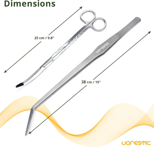 2PCS 15" Curved Aquarium Tweezers Long and 9.8" Aquarium Scissors, Feeding Tongs and Scissors with Protective Cap, Stainless Steel Aquascaping Tools for Plant Trimming and Reptile Feeding