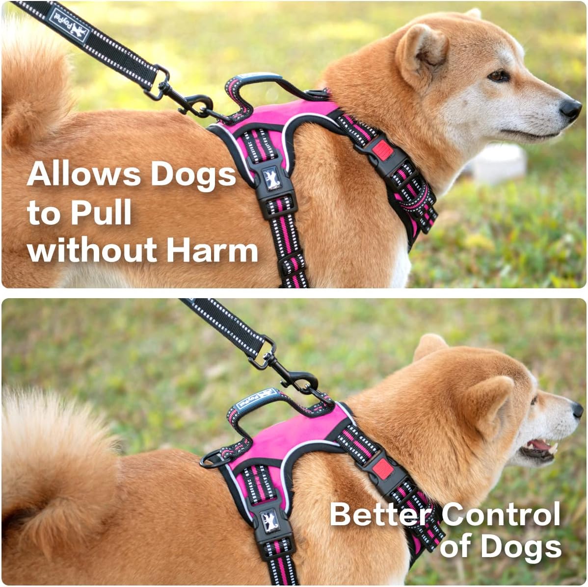 PoyPet No Pull Dog Harness, No Choke Front Clip Reflective Dog Vest with Soft Padded Vertical Handle, 3 Leash Attachments for Small Medium Large Dogs (Pink,S)