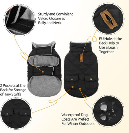 Queenmore Dog Winter Coat Warm Puffer Jacket Waterproof Plush Lining Thermal Cold Weather Vest for Small Medium Large Dogs, Windproof Easy On Pet Jacket Black XS
