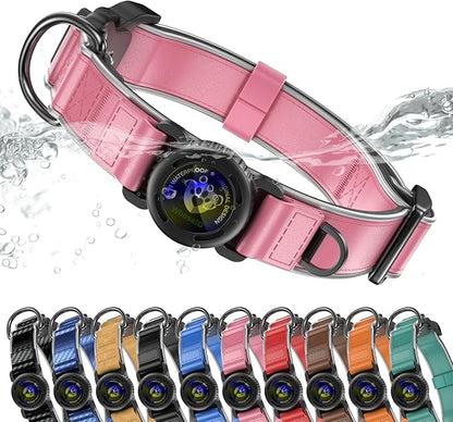 WhoseID Premium Leather Dog Collar - AirTag Dog Collar | Fur-Safe Magnetic Buckle | IPX8 Waterproof Reflective Small Dog Collar with AirTag Holder