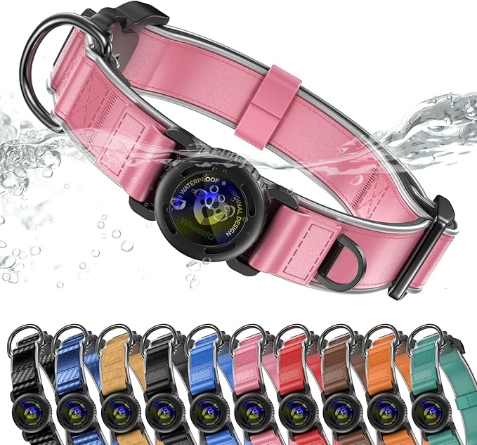 WhoseID Premium Leather Dog Collar for Large Dogs - IPX8 Waterproof AirTag Dog Collar | Magnetic Buckle Heavy Duty Collar | 450LB Escape-Proof | Reflective Dog Collar with AirTag Holder
