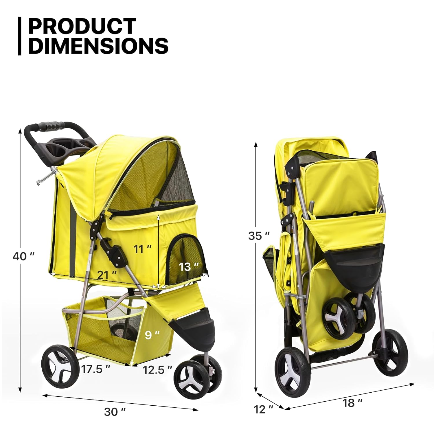 MoNiBloom Foldable Pet Stroller with Waterproof Cover, 3-Wheels Dog Strolling Cart for Small/Medium Dogs and Cats with Storage Basket and Cup Holder, Breathable and Visible Mesh for All-Season, Yellow - Pawvie