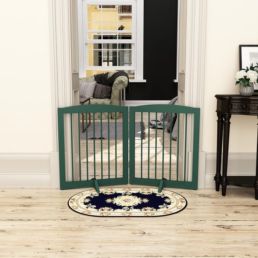 Freestanding Pet Gate for Dogs, Foldable Wooden Dog Gate for House, Stairs, Doorways, Step Over Pet Puppy Safety Fence,Support Feet Included,24" Height 2 Panels, Green