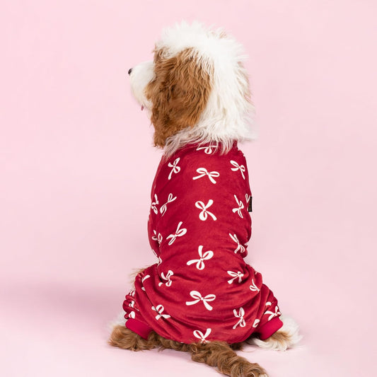 Fitwarm Bowknot Dog Pajamas, Warm Clothes for Small Dogs Girl, Fleece Pet Onesie with Feet, Burgundy Red, White, Large