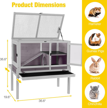 AIVITUVIN Wooden Guinea Pig Cage Indoor with Cooling Plate and Anti-Chewing Edges Two-Story Rabbit Hutch Pull Out Tray Outdoor Rabbit Cage with Raised Stand and Wire Mesh Small Animals Cage (Grey)