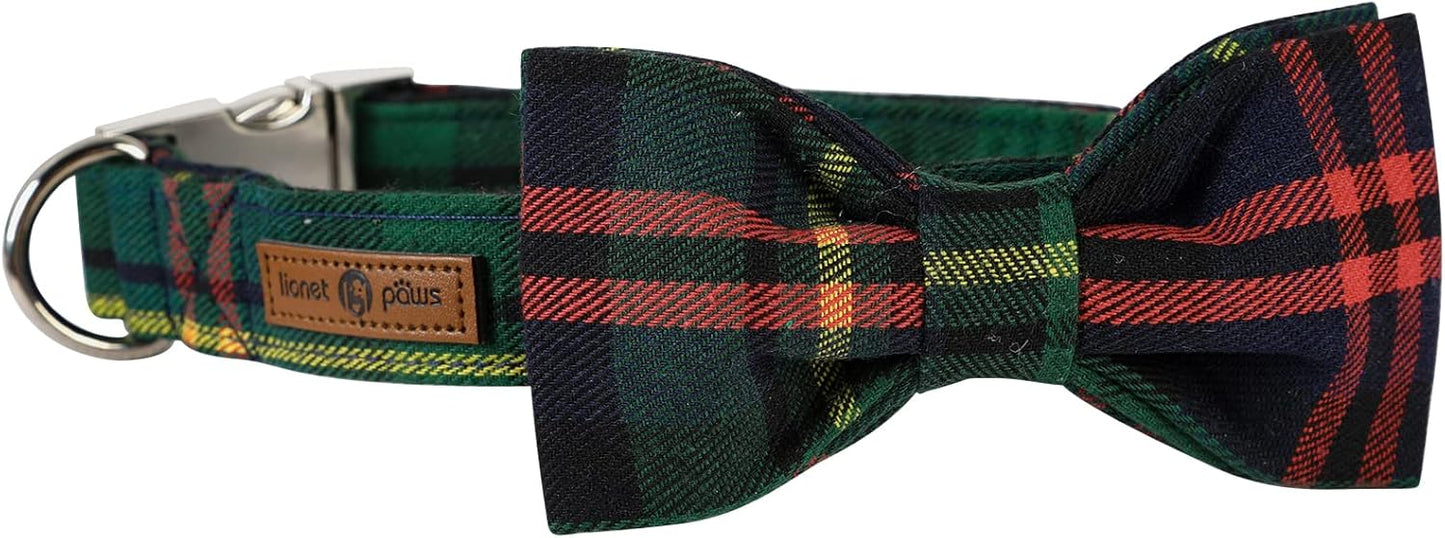 Lionet Paws Christmas Dog Collar with Bowtie Durable Adjustable Handmade Comfortable Bow Tie Dog Collar Green with Metal Buckle for Large Dogs,Girl Boy,Party,Festival,Holiday Style,Neck 16-24in