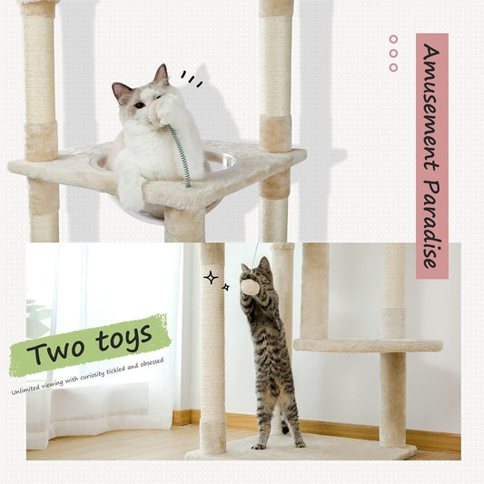 PEQULTI Floor to Ceiling Cat Tree 92.9’’-101.6’’ Height Adjustable Cat Tower Tall Kitty Climbing Play House with Scratching Posts, Cozy Condo, Perches and Large Hammock for Indoor Cats Beige