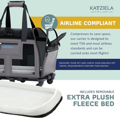 Katziela Airline Approved Pet Carrier - Rolling Portable Travel Carry Crate for Small Dog, Puppy or Cat - Soft Removable Wheeled Design with Mesh Window Sides - Airplane and TSA Compliant (Dark Grey)