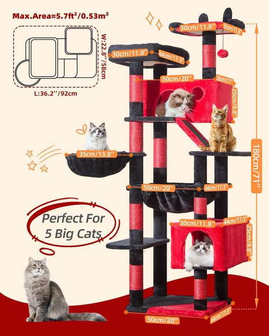 Taoqimiao Gothic Cat Tree 71-Inch, Cat Tower for Indoor Cats Large Adult, Large Cat Condo, 8 Sisal Scratching Posts, Metal Frame Cozy Hammock, Scratch Board, 2 Perches, Black and Red MS026LBR