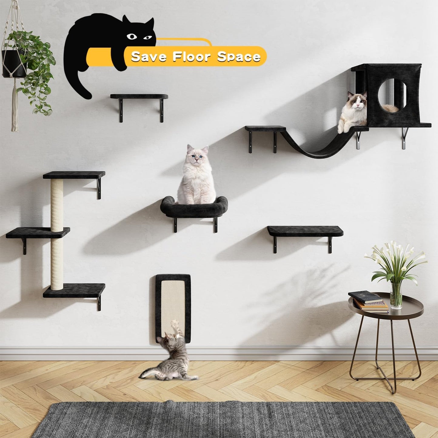 NUNU LAB Wall Mounted Cat Climber Set, 6 Pcs Cat Furniture Set with House, Bridge, Steps, Scratcher Board and Hammock, Shelves for Indoor, Luxury Walls Furniture(Black)