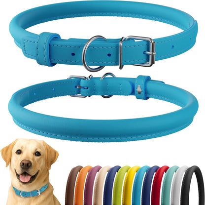 CollarDirect Rolled Leather Dog Collar, Soft Padded Round Puppy Collar, Handmade Genuine Leather Collar Dog Small Large Cat Collars 13 Colors (18-22 Inch, Light Blue Smooth)
