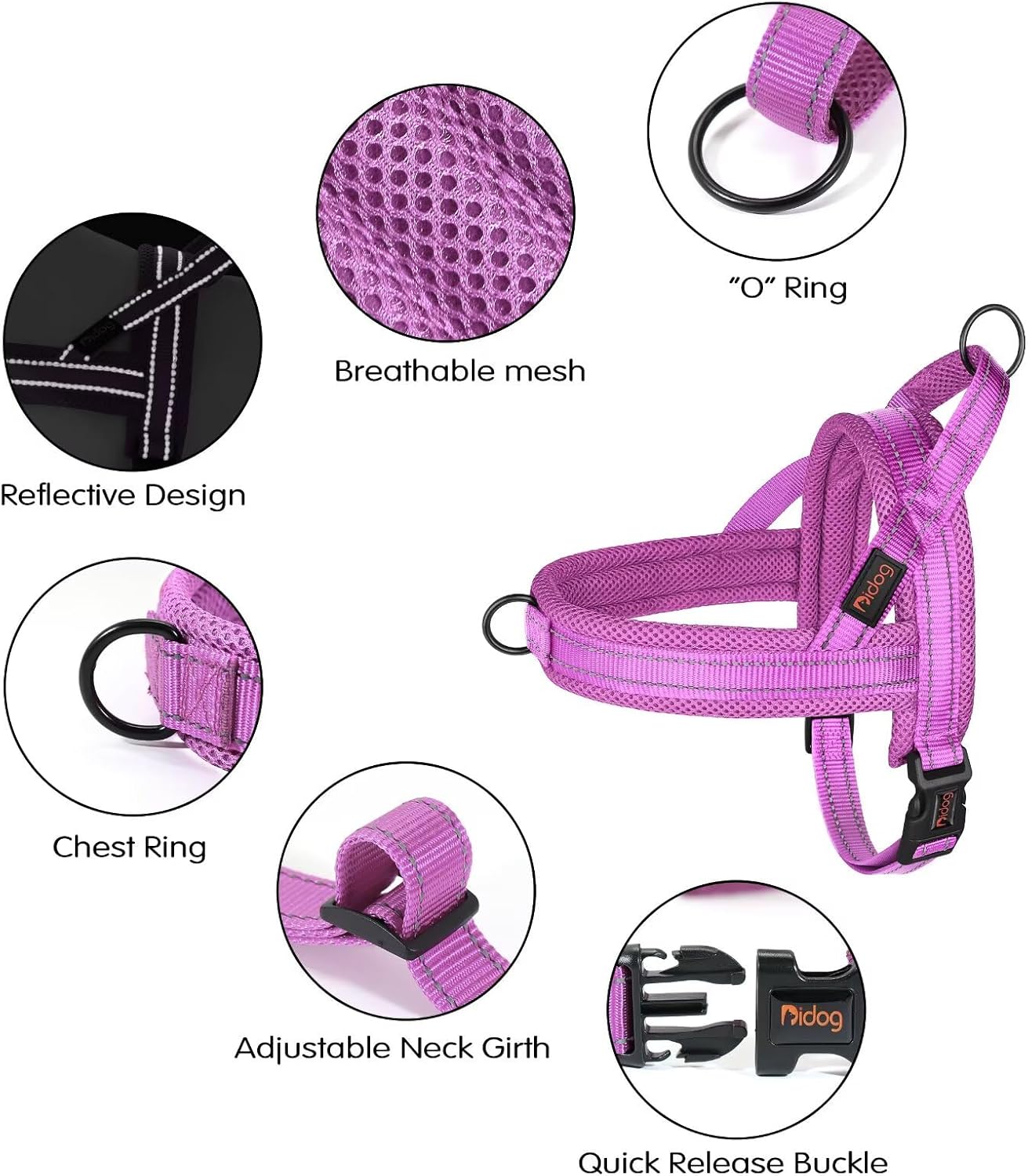 Didog No Pull Dog Harness with Soft Mesh Padded,Reflective & Quick Fit Light Weight Dog Strap Vest Harness,Easy for Walking Training (XS:Chest 15-18", Purple)