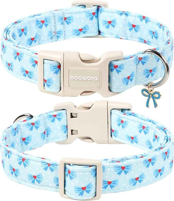 DOGWONG Blue Dog Collar, Cute Blue Boy Dog Collar Adjustable Soft Male Female Pet Dogs Collar Bowtie Printed Dog Collars for Small Medium Dogs