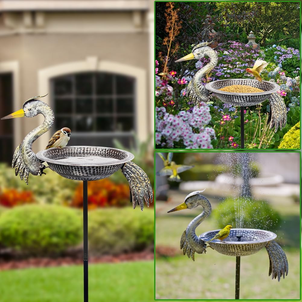 Metal Bird Bath with Stake, 13" Dia Crane Bird Baths for Outdoors, Freestanding Birdbath & Birdfeeder for Outside Garden Yards Lawn Decor, 46 Inch Tall