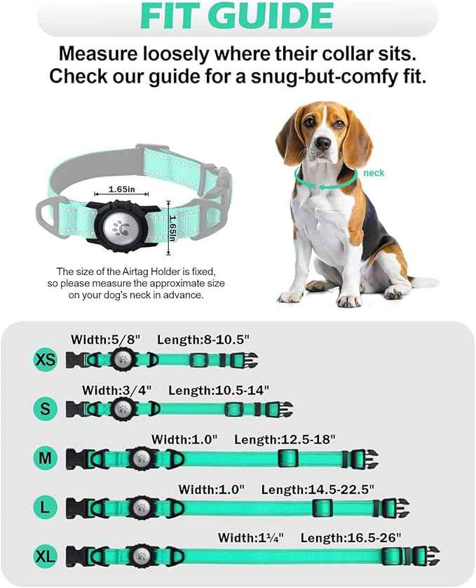 TagME Airtag Dog Collar,Waterproof Reflective Pet Collar with Airtag Holder,Soft Padded and Double D-Rings for Puppy,Turquoise