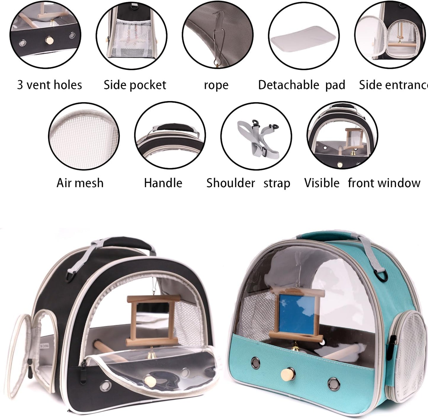 Portable Parrot Travel Cage Carrier with Small Swing Toy&Cage Colorful Toys Set Small Bird Parakeet Bag with Standing Perch Bird Carry Transport Bag (Black, Carrier/Mirror)