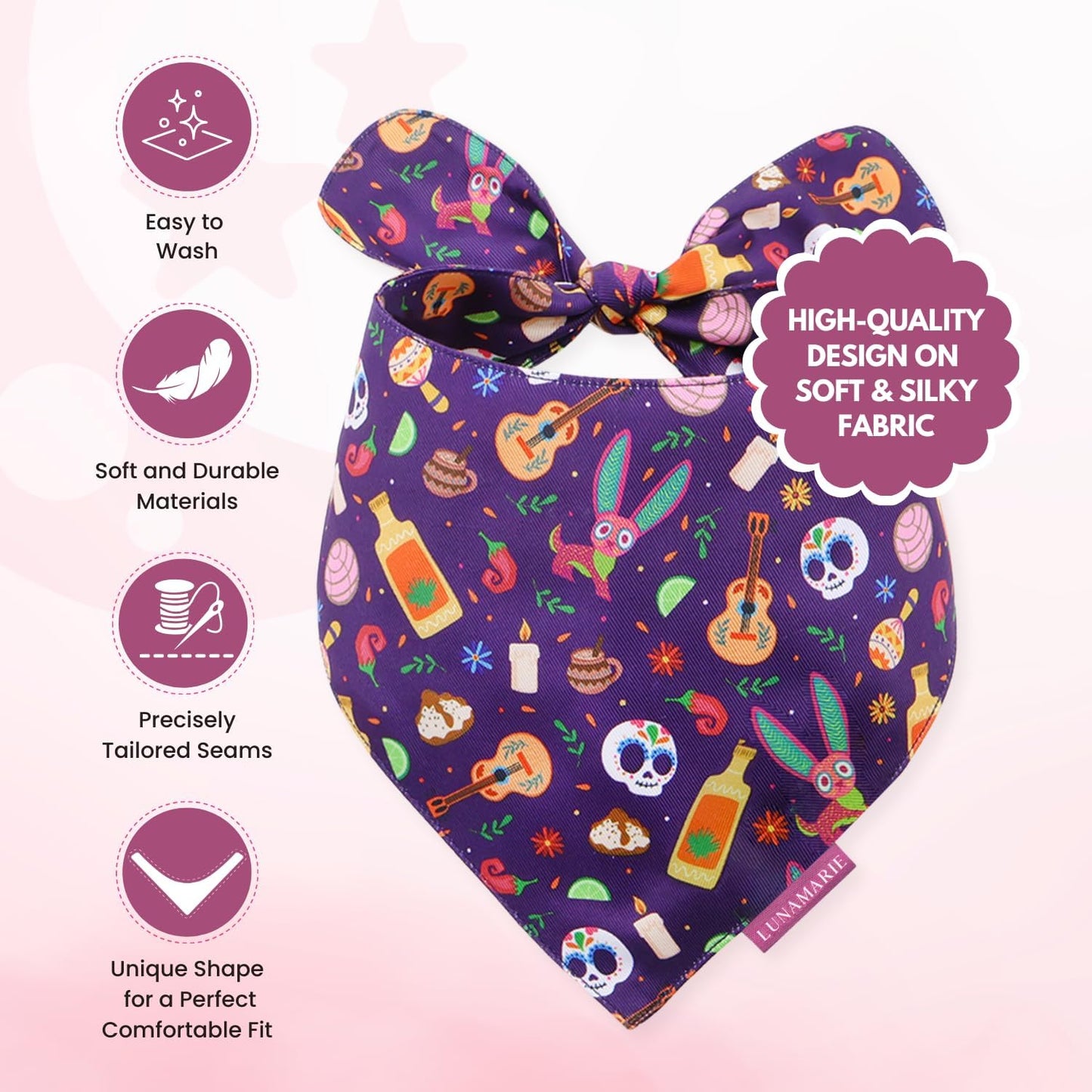 LunaMarie - Luxury Dog Bandanas - Dia De Los Muertos Design | Premium & Silky Poly Fabric | 100% Handmade | Custom Shape Dual Layered Reversible Small, Medium, Large Cat Scarf (Day Of The Dead, Small)