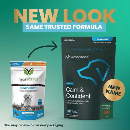 VetriScience Calm & Confident Chews, Composure Clinically Tested Calming and Anxiety Supplement for Dogs, Reduce Stress and Fear, for Thunderstorms, Fireworks and Travel, Peanut Butter, 120 Count