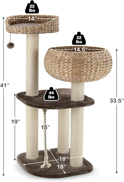 PETSITE 41 Inch Modern Cat Tree for Indoor Cats, Multi-Level Cat Tower with Scratching Posts, Hand-Made Wicker Cat Condo & Top Perch, Dangling Ball, Sisal Rope, Cute Cat Tree for Indoor Cats