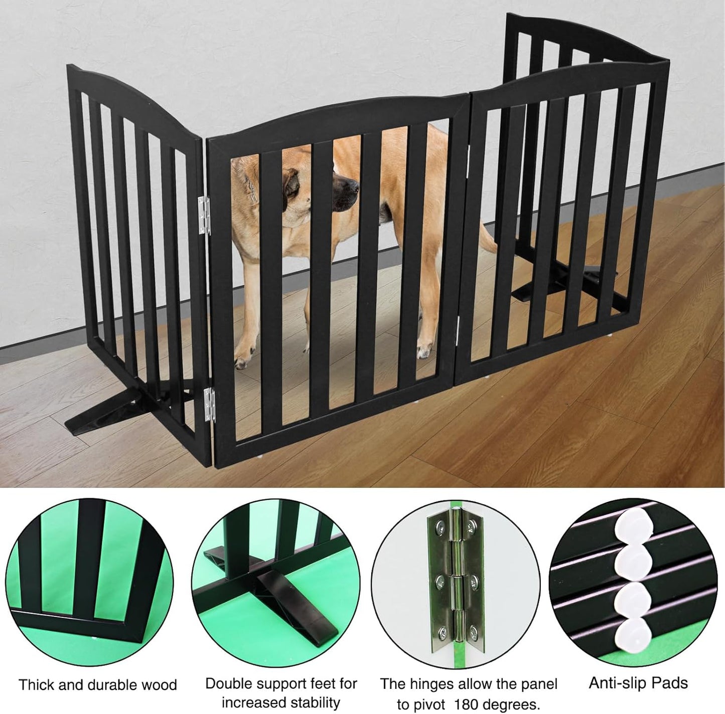 ZJSF Foldable Freestanding Indoor Dog Gate for House Wood Long Pet Gates Dog Fence for Stairs Puppy Gates for Hallways, Puppy Gate,Support Feet Included, Black, 32 "Height-4 Panels