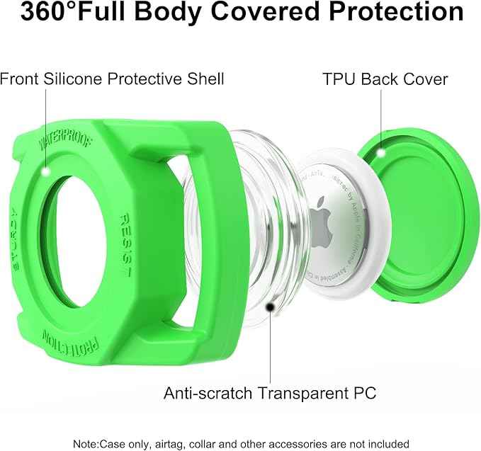 SANKALA Airtag Dog Collar Holder, [1 Pack] Waterproof Airtag Case for Dog Collar, TPU & Silicone Full Body Covered Anti-Lost Apple Air Tag Collar Holder Protective Airtag Case for Pet Collar, Green
