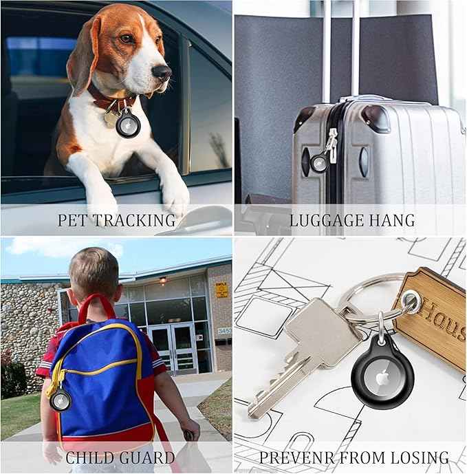 4 Pack IPX8 Waterproof Compatible with AirTag Keychain Holder Case, Lightweight, Anti-Scratch, Easy Installation,Soft Full-Body Shockproof for Luggage,Keys, Dog Collar (Black+Clear+Black+Pink)