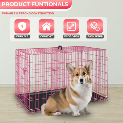 FDW Dog Crate for Small Dogs 24 Inch Folding Metal WirePet Cage Double Door W/Divider Panel Indoor Outdoor Kennel Leak-Proof Plastic Tray,Pink