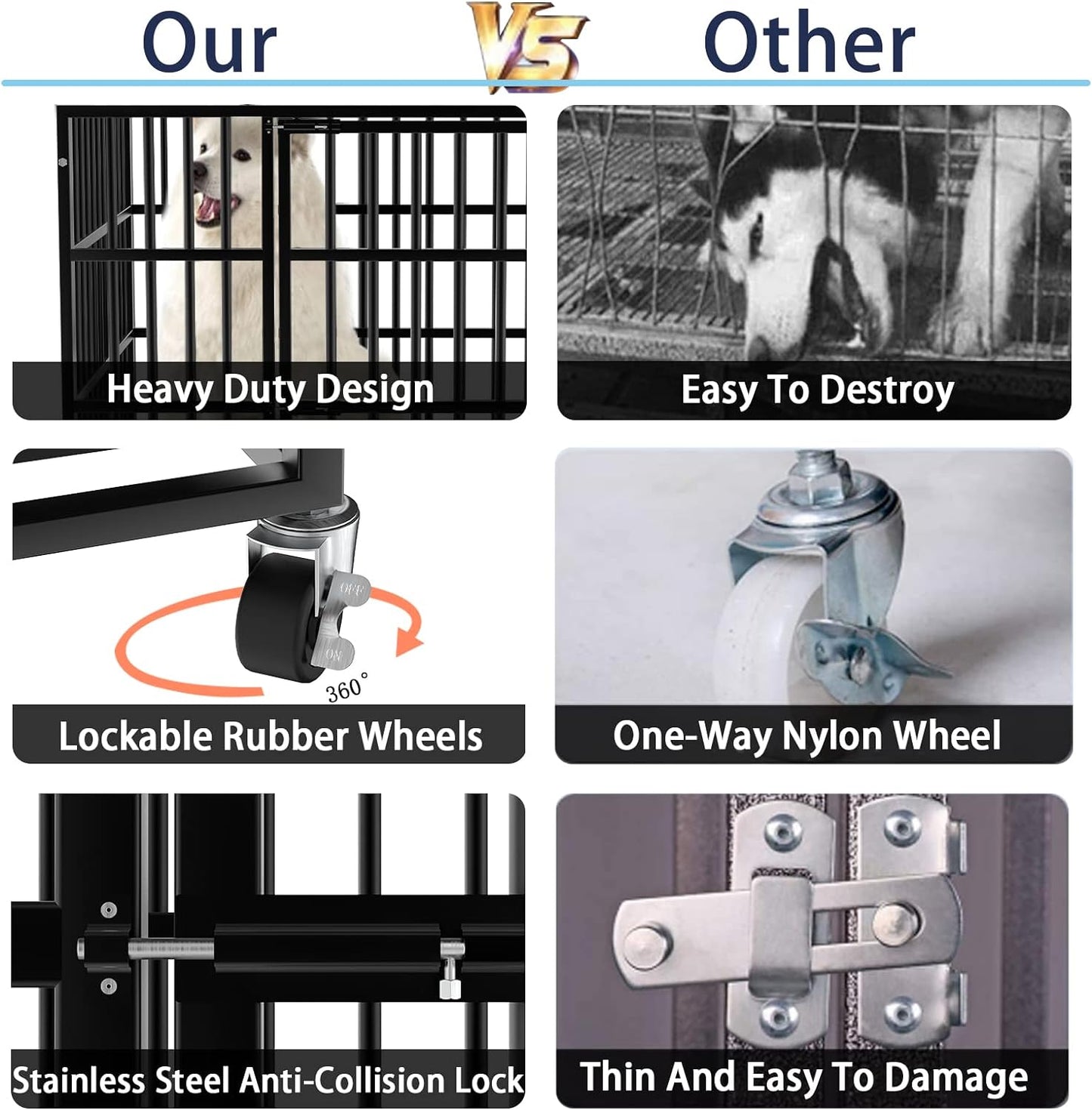 LEMBERI 48/38 inch Heavy Duty Indestructible Dog Crate, Escape Proof Dog Cage Kennel with Lockable Wheels,High Anxiety Double Door Dog Crate,Extra Large Crate Indoor for Large Dog with Removable Tray