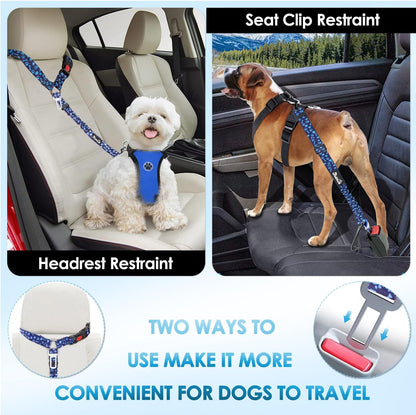 Lukovee Dog Seatbelt Leash for Cars, 2 Pack Pet Safety Car Seat Belt with Adjustable Buckle & Reflective Bungee, Connect Dog Harness in Vehicle Car Dogs Restraint Travel Daily Use (Blue Paw)