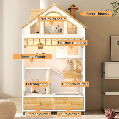 Enclosed Cat Condo, Large Wooden Cats House Indoor Cage Cat Enclosure on Wheels, Multi-Feature Enclosed Condo with Litter Box Drawer for Indoor Cats,63" X 35" X 24" (White, 63" X 35" X 24")