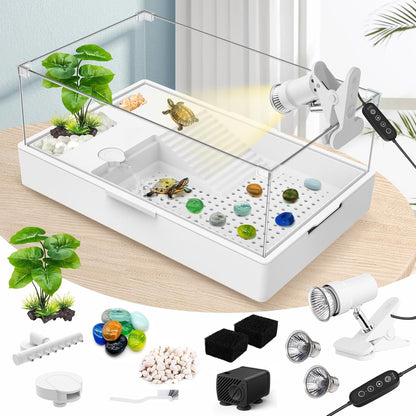 GOZILLA Large Turtle Tank Kit+Water Pump+Lamp, Acrylic Turtle Tank Starter Kit with Adjustable 5W Water Pump and Timing/Dimming Lamp, Multi-Functional Area for Small/Medium Turtles(Large-White Kit). - Pawvie