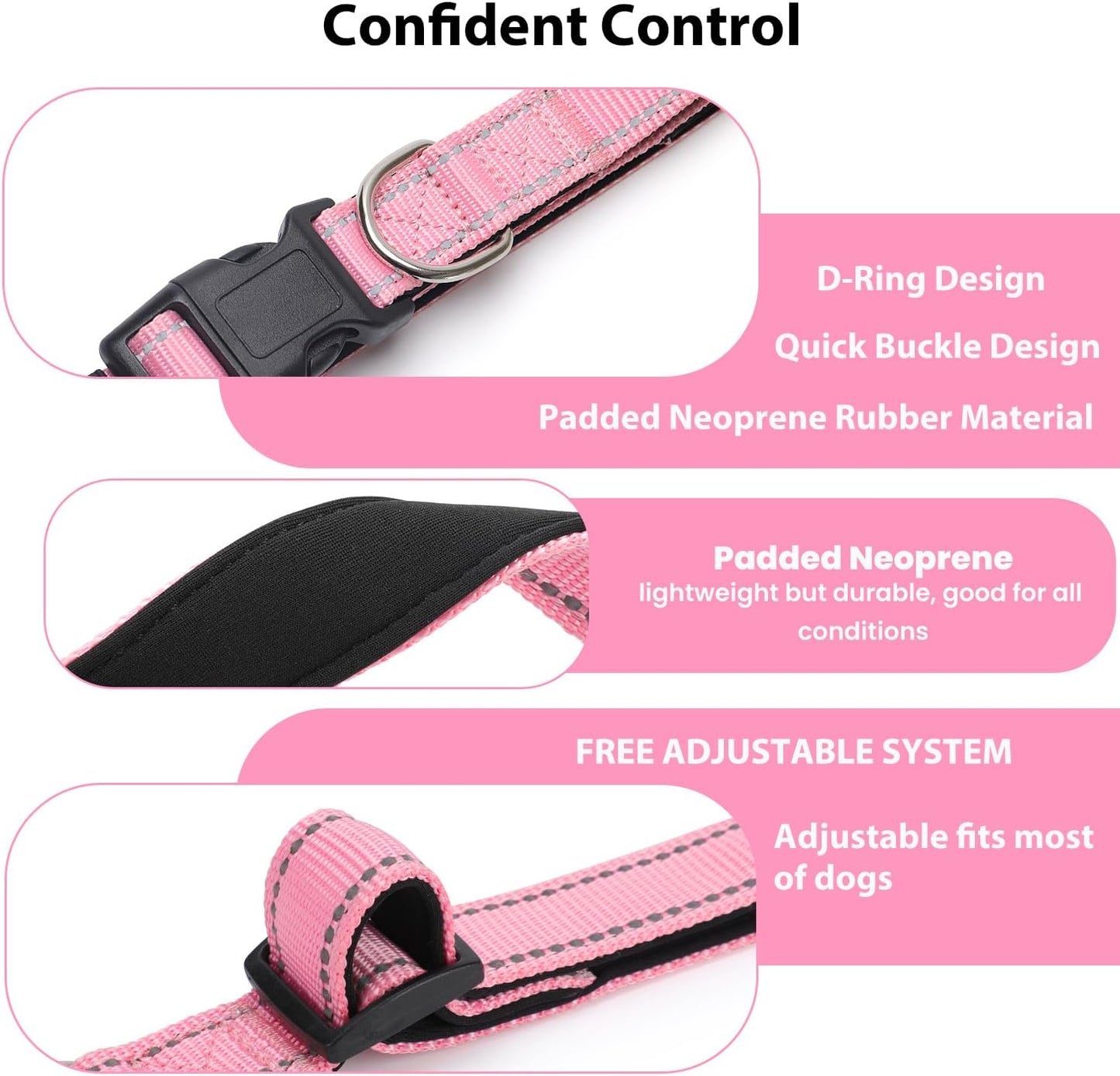Reflective Dog Collar Padded with Soft Neoprene Breathable Quick Release Basic Dog Collars for Large Dogs Pink Girl