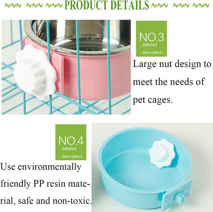 kathson Crate Dog Bowl, Removable Stainless Steel Hanging Pet Cage Bowl Food & Water Feeder Coop Cup for Cat, Puppy, Birds, Rats, Guinea Pigs 3pcs(Blue,Green,Pink)